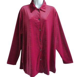 Vintage Epogee Red Plush Velour Tunic Top Pearlized Button Front Stretchy USA XL